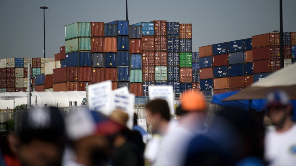 Dockworkers strike at the Bayport Container Terminal in Seabrook, Texas, 1 October 2024