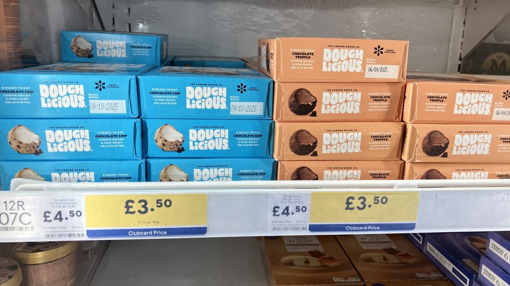 Doughlicious products on sale in Tesco, United Kingdom, 14 October 2024