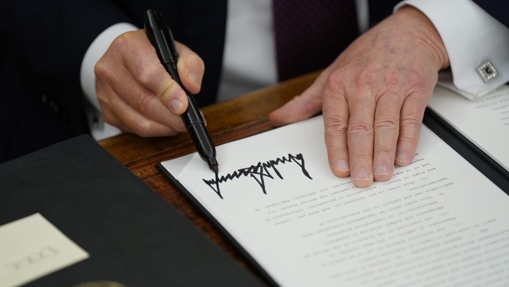 President Donald Trump signs a series of executive orders at the White House on 20 January 2025, in Washington, DC. Credit: Jabin Botsford /The Washington Post via Getty Images